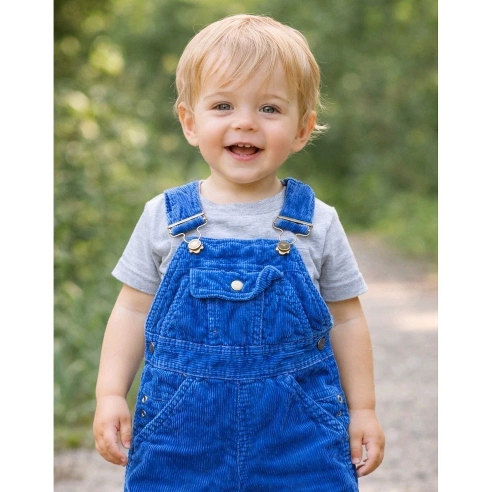 VTG Hush puppies Blue Corduroy Toddler Overalls 12M Snap Bottom Straps Boy #450